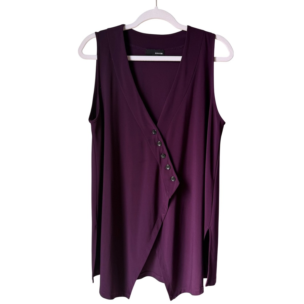 Sun Kim Top Plum Purple Sleeveless Button Up Asymmetrical V-Neck Travel Small